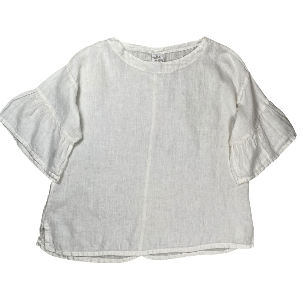 Match Point Linen Top Women Size L/XL White Ruffle Bell Sleeve Boho Lagenlook